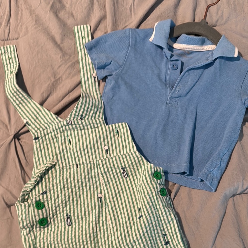 Green and Blue Striped Overalls for Playful Days - Picture 3 of 4